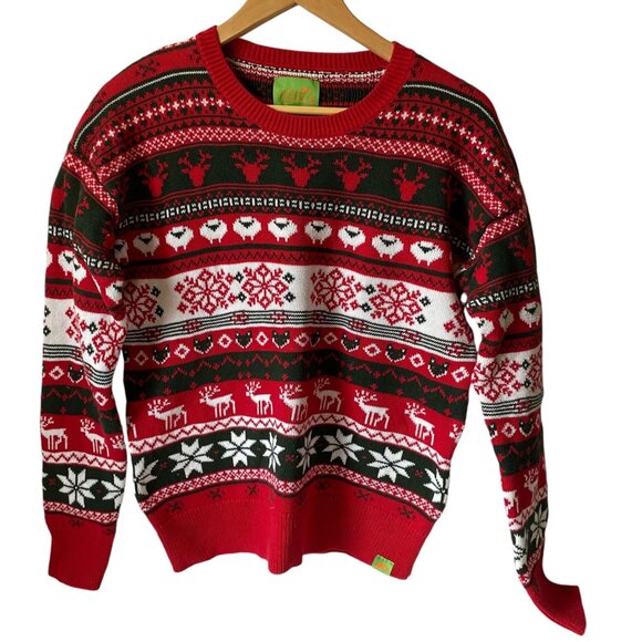 Ugly Fair Isle Nordic Christmas Sweater Red White Reindeer Snowflake M Unisex - Picture 1 of 8